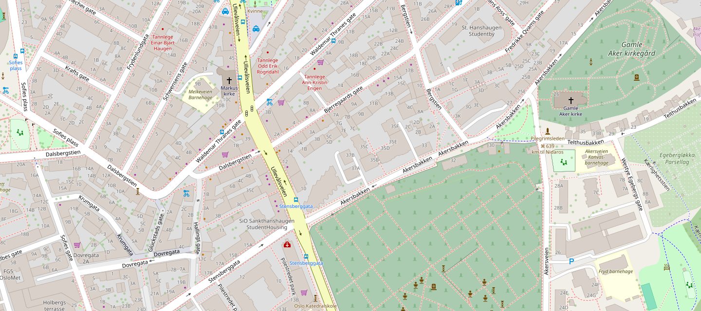 Kart over St. Hanshaugen i Oslo med Akersbakken 37 B markert, ved Ullevålsveien og Gamle Aker kirkegård